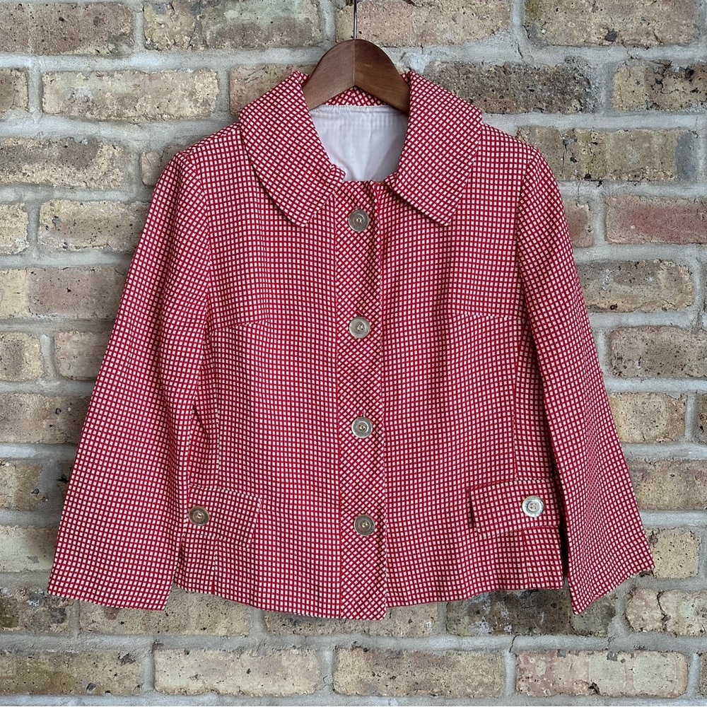 VINTAGE Custom-Made Red & White Checked 60’s Blazer w/ 3/4 Sleeves